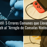 Consola Nintendo Switch insertándose en el Dock, ilustrando la conexión del puerto USB-C, con el texto "5 Errores Comunes que dañan tu Switch". Se usa para el artículo de arreglo de consolas en Chía.