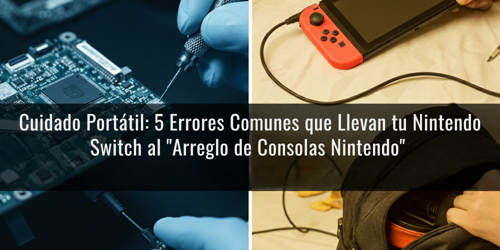 Consola Nintendo Switch insertándose en el Dock, ilustrando la conexión del puerto USB-C, con el texto "5 Errores Comunes que dañan tu Switch". Se usa para el artículo de arreglo de consolas en Chía.