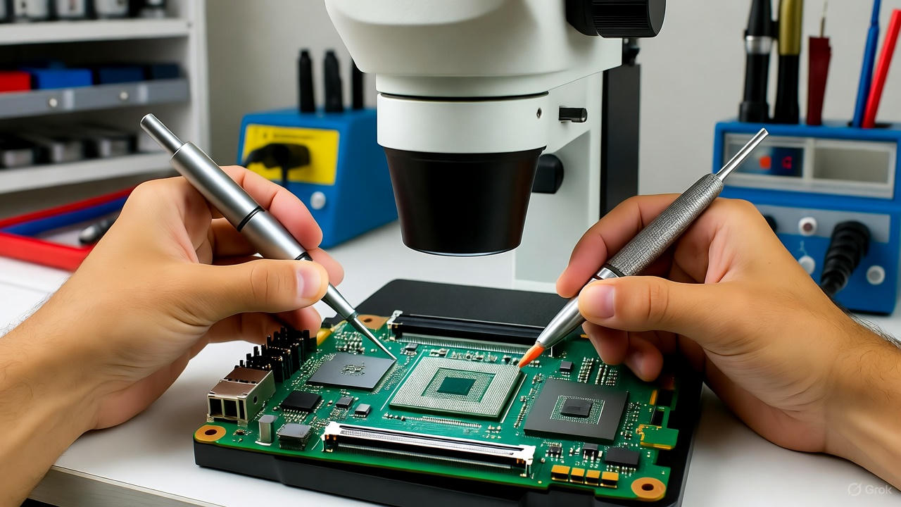 Reballing profesional con máquina BGA y micro-soldadura en placa base de consolas en Chía