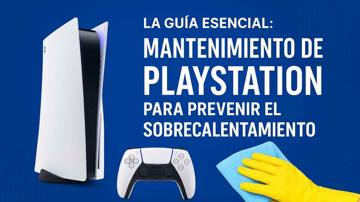 Banner sobre mantenimiento de PlayStation mostrando una PS5, un control y una mano limpiando la consola para prevenir el sobrecalentamiento.