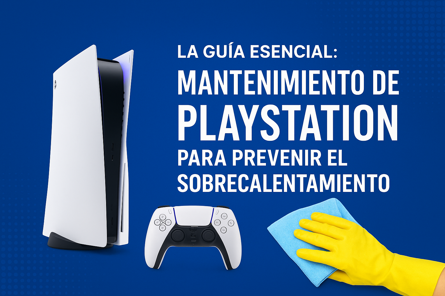 Banner sobre mantenimiento de PlayStation mostrando una PS5, un control y una mano limpiando la consola para prevenir el sobrecalentamiento.