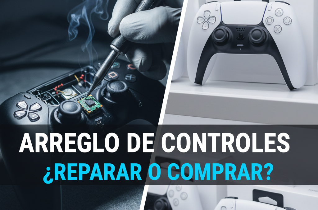 Técnico de consolas en Chía realizando el arreglo de un control de PS5 frente a un control nuevo en su caja.