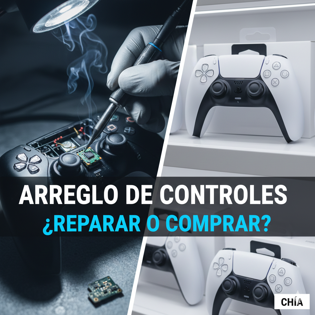 Técnico de consolas en Chía realizando el arreglo de un control de PS5 frente a un control nuevo en su caja.