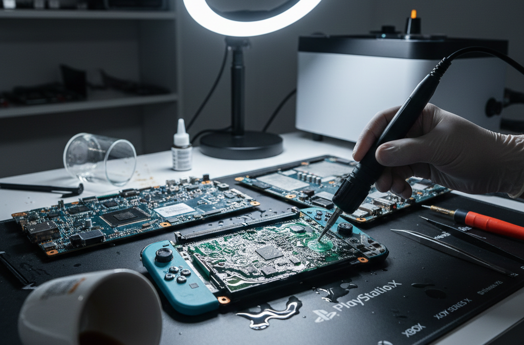 Técnico realizando arreglo de consolas mojadas y limpieza de sulfatación en Chía.