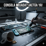 Técnico realizando arreglo de consolas mojadas y limpieza de sulfatación en Chía.