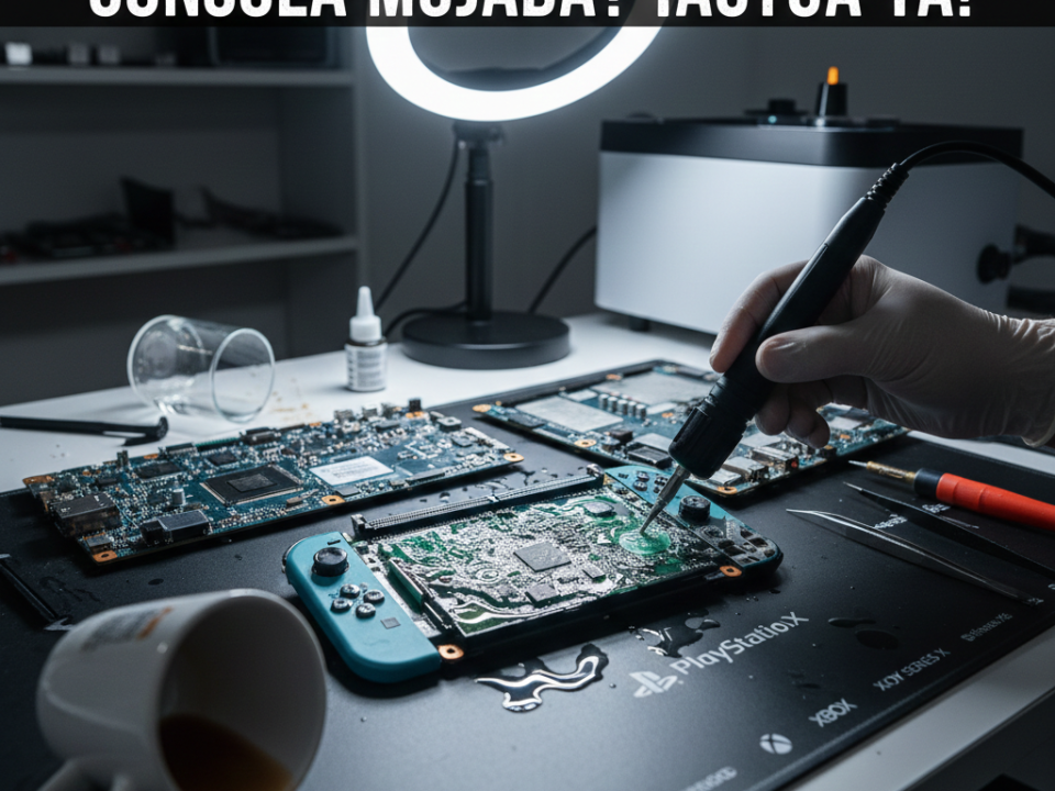 Técnico realizando arreglo de consolas mojadas y limpieza de sulfatación en Chía.