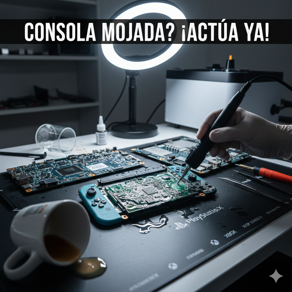 Técnico realizando arreglo de consolas mojadas y limpieza de sulfatación en Chía.