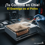 Técnico de consolas en Chía limpiando una Xbox Series S con exceso de polvo acumulado usando aire comprimido.