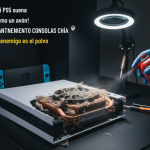Técnico limpiando el ventilador de una PS5 lleno de polvo con aire comprimido en Chía.