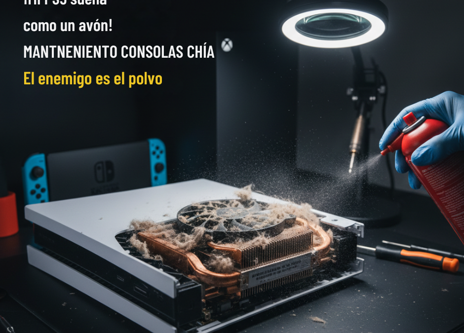 Técnico limpiando el ventilador de una PS5 lleno de polvo con aire comprimido en Chía.
