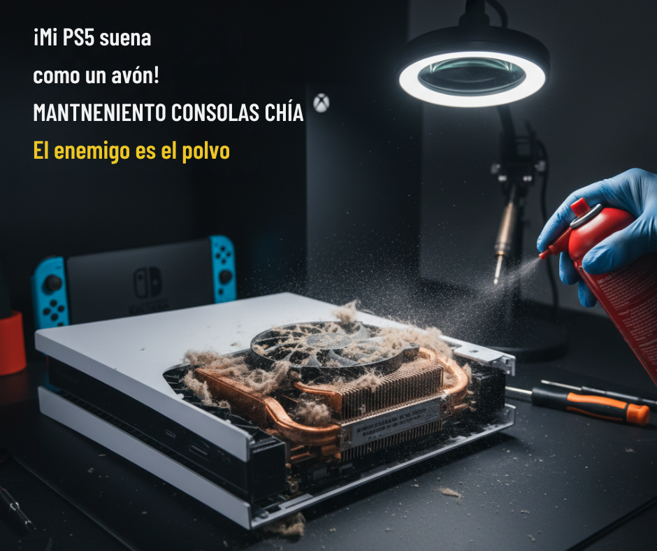 Técnico limpiando el ventilador de una PS5 lleno de polvo con aire comprimido en Chía.