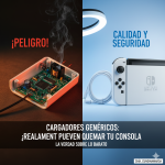 Comparación visual entre un cargador genérico quemado echando humo y un cargador original de Nintendo Switch seguro en Chía.