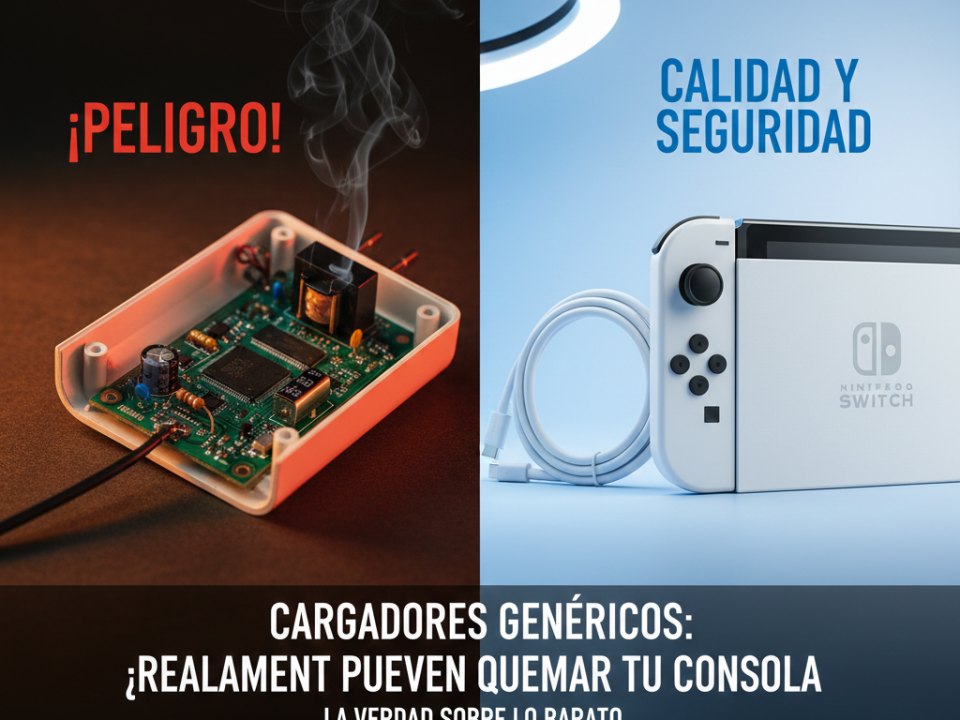 Comparación visual entre un cargador genérico quemado echando humo y un cargador original de Nintendo Switch seguro en Chía.