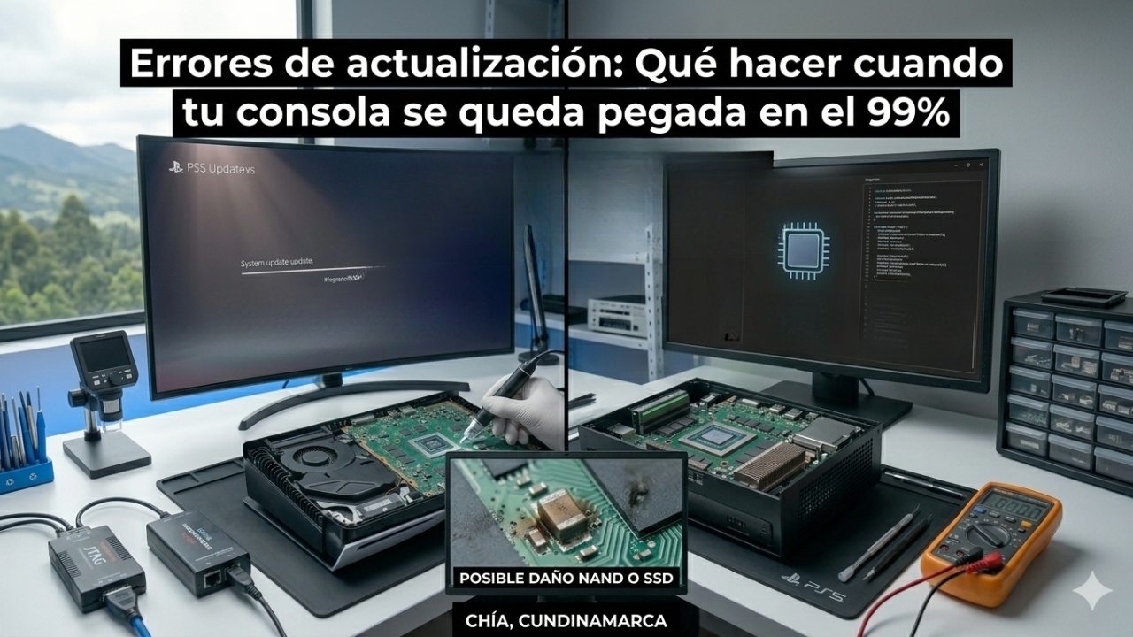 Consola PS5 con error de actualización al 99% siendo diagnosticada con multímetro y herramientas de micro-soldadura en Chía.