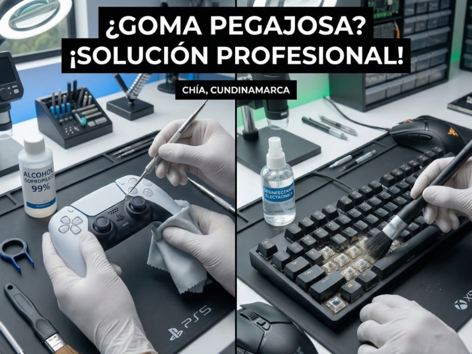 Técnico en Chía realizando limpieza profesional de un control de PS5 y un teclado mecánico con alcohol isopropílico.