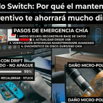 Técnico en Chía analizando daño por micro-polvo y drift en Joy-Cons de Nintendo Switch con microscopio y herramientas de precisión.