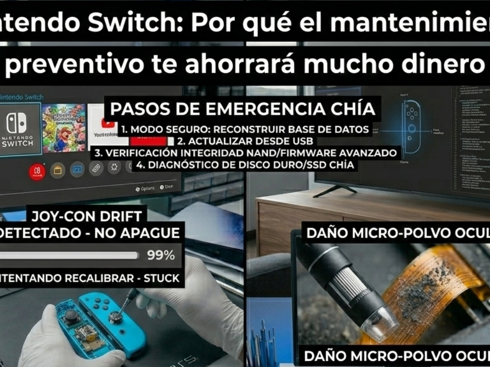 Técnico en Chía analizando daño por micro-polvo y drift en Joy-Cons de Nintendo Switch con microscopio y herramientas de precisión.