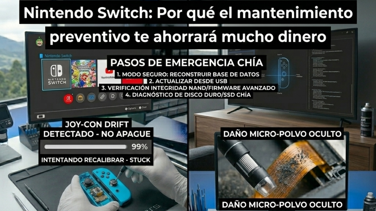 Técnico en Chía analizando daño por micro-polvo y drift en Joy-Cons de Nintendo Switch con microscopio y herramientas de precisión.