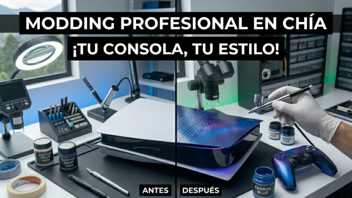 Proceso de personalización de consolas en Chía: PS5 con pintura galáctica y Xbox Series X con iluminación LED interna.