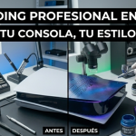 Proceso de personalización de consolas en Chía: PS5 con pintura galáctica y Xbox Series X con iluminación LED interna.