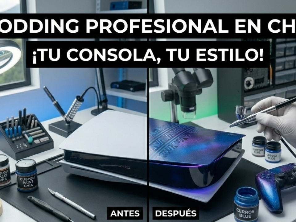 Proceso de personalización de consolas en Chía: PS5 con pintura galáctica y Xbox Series X con iluminación LED interna.