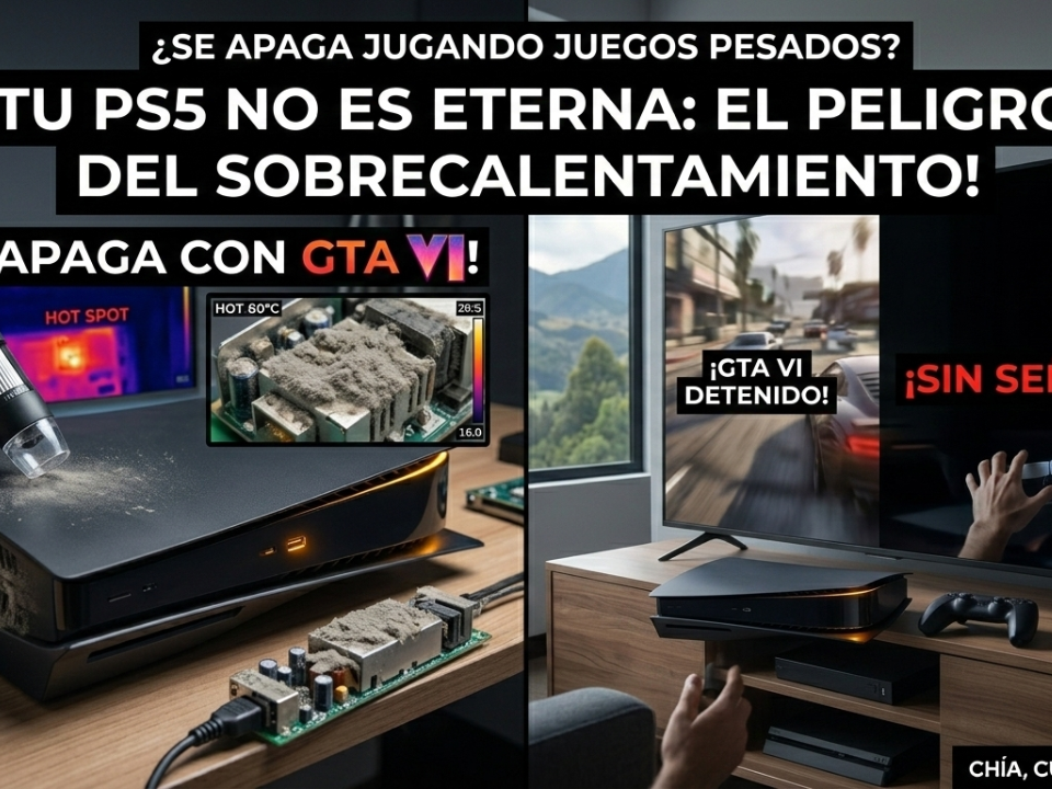 Consola PS5 con polvo interno y sensor térmico marcando sobrecalentamiento mientras se apaga jugando GTA VI.