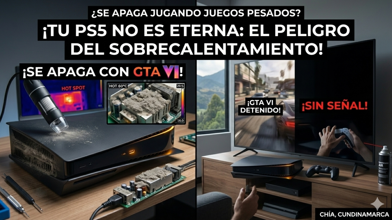 Consola PS5 con polvo interno y sensor térmico marcando sobrecalentamiento mientras se apaga jugando GTA VI.