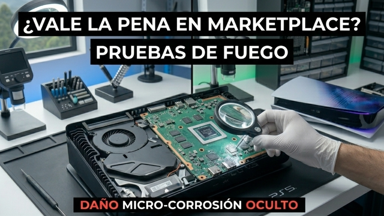 Inspección técnica en Chía de una placa base de PS5 con micro-corrosión oculta y lista de pruebas para consolas usadas.