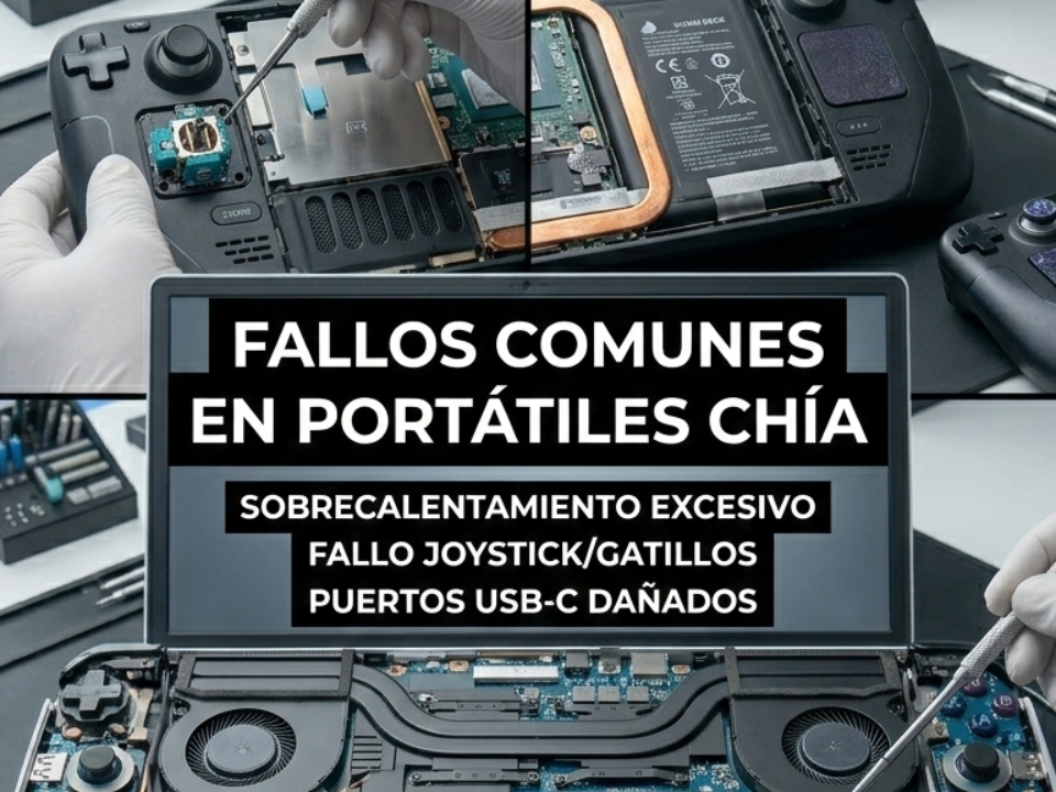 Técnico en Chía realizando mantenimiento interno en una Steam Deck y cambio de joysticks en una ASUS ROG Ally.