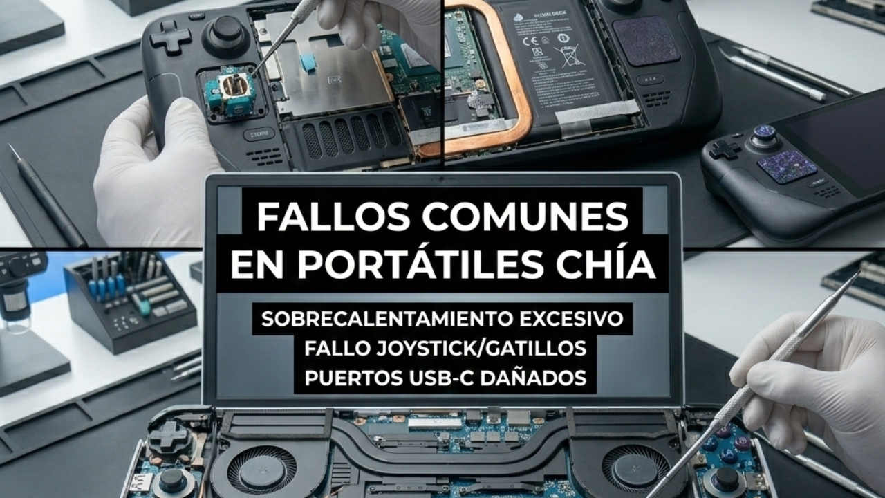 Técnico en Chía realizando mantenimiento interno en una Steam Deck y cambio de joysticks en una ASUS ROG Ally.