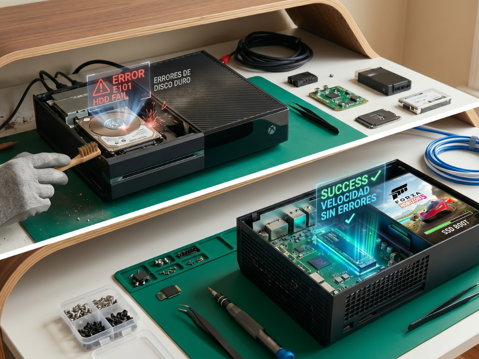Comparativa de velocidad entre disco duro HDD y unidad SSD instalada en una Xbox One por técnicos de TecnoXbox en Chía.