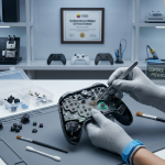 Comparativa de limpieza de control de videojuegos antes y después del mantenimiento técnico en TecnoXbox Chía.