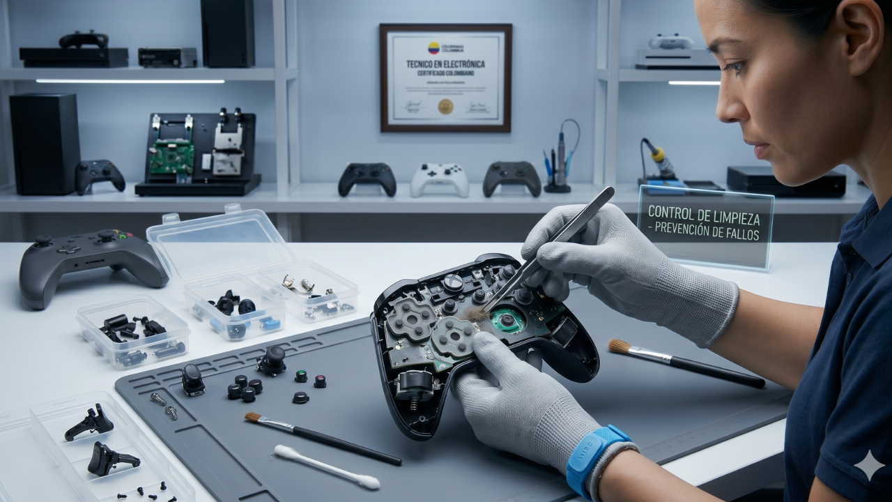 Comparativa de limpieza de control de videojuegos antes y después del mantenimiento técnico en TecnoXbox Chía.