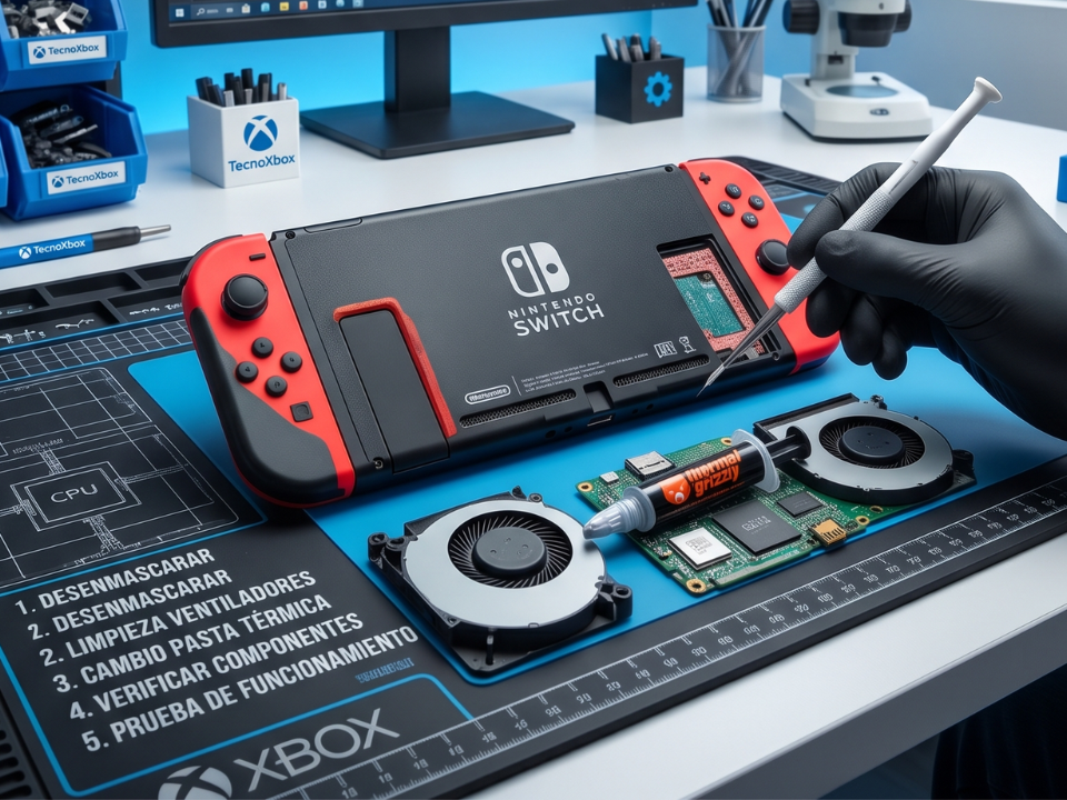 Mantenimiento profesional de Nintendo Switch en TecnoXbox Chía mostrando limpieza de ventiladores y cambio de pasta térmica.