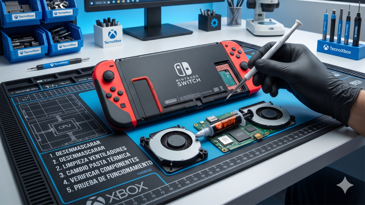 Mantenimiento profesional de Nintendo Switch en TecnoXbox Chía mostrando limpieza de ventiladores y cambio de pasta térmica.