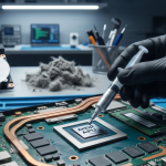 Técnico de TecnoXbox en Chía aplicando pasta térmica de alta calidad a un procesador de PS4 para eliminar el ruido de ventilador.