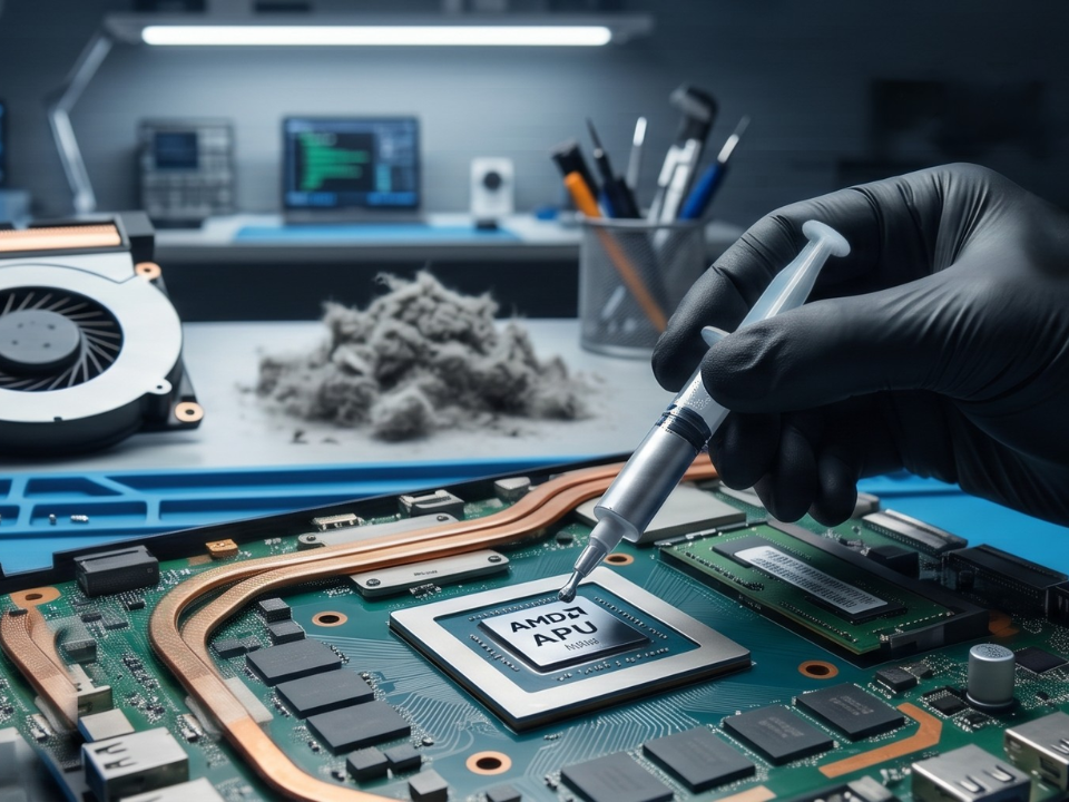 Técnico de TecnoXbox en Chía aplicando pasta térmica de alta calidad a un procesador de PS4 para eliminar el ruido de ventilador.