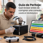 Técnico de TecnoXbox realizando revisión y peritaje de una consola usada comprada en Marketplace en Chía.
