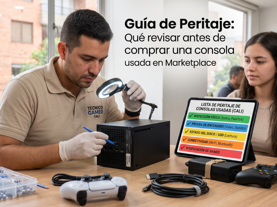 Técnico de TecnoXbox realizando revisión y peritaje de una consola usada comprada en Marketplace en Chía.