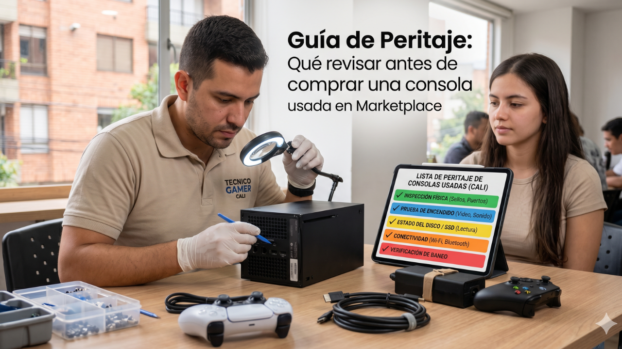 Técnico de TecnoXbox realizando revisión y peritaje de una consola usada comprada en Marketplace en Chía.