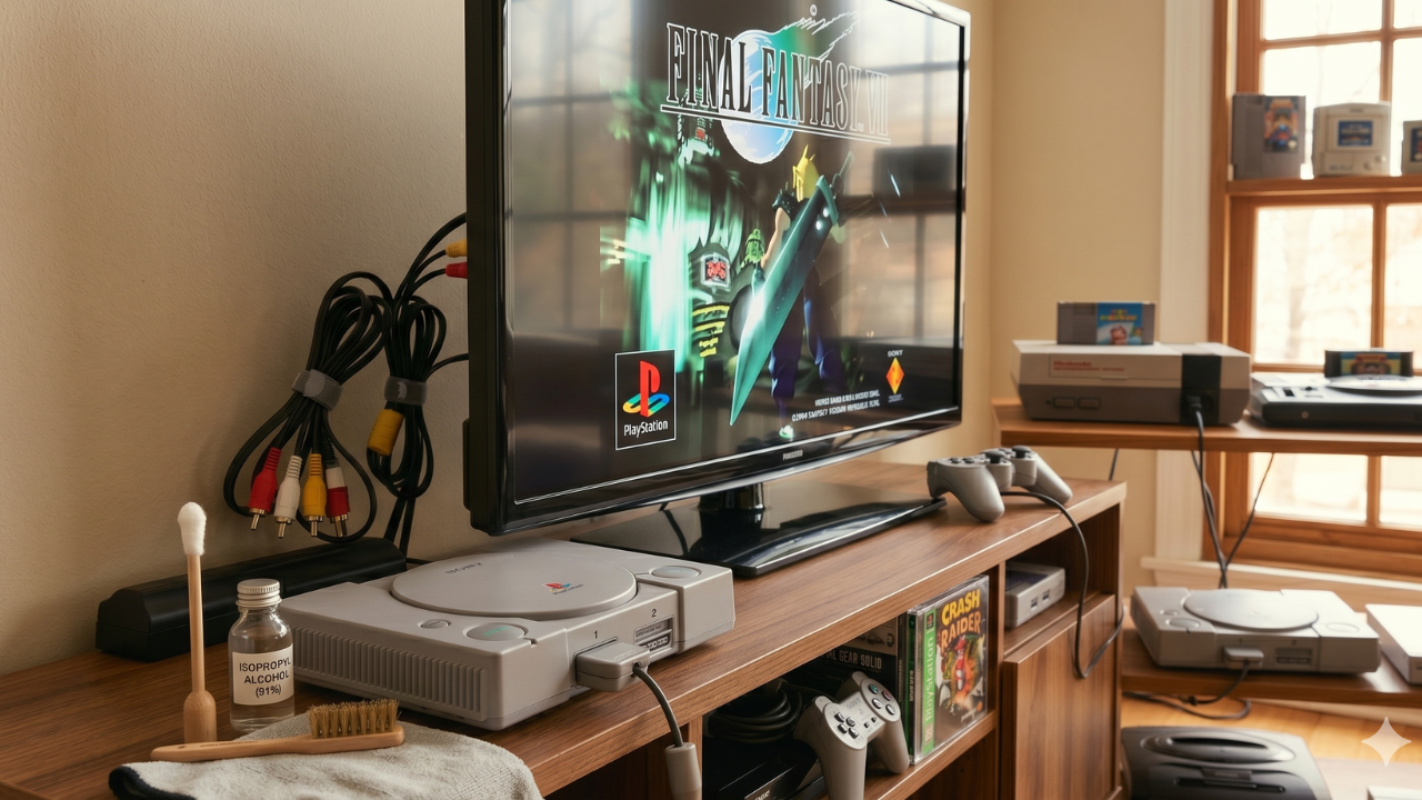 Consola PlayStation 2 conectada a un televisor moderno mediante adaptador HDMI y técnico de TecnoXbox calibrando el lente.