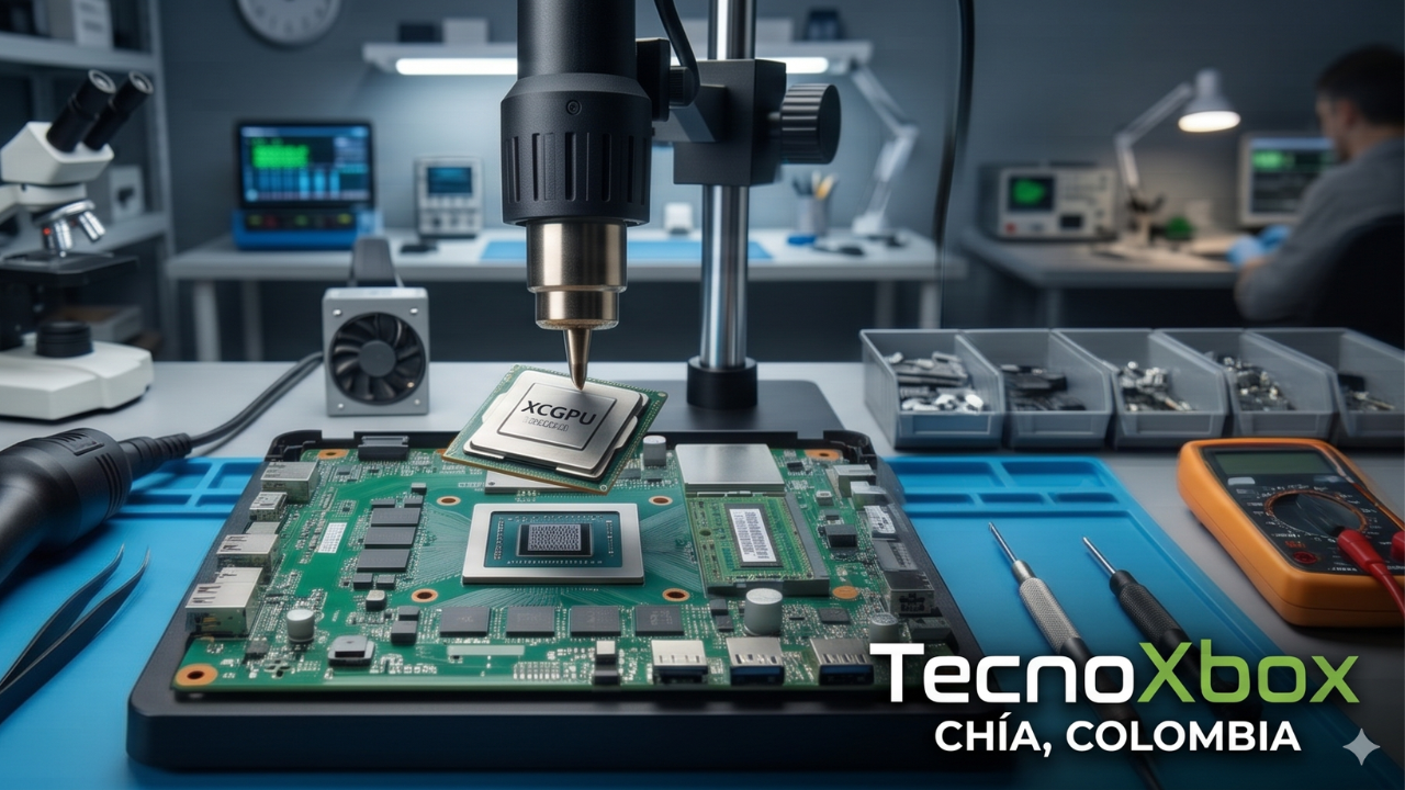 Técnico de TecnoXbox realizando reballing profesional a una Xbox 360 con luces rojas en Chía.