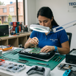 Banner del laboratorio técnico de TecnoXbox en Chía mostrando diagnóstico avanzado de microcomponentes.