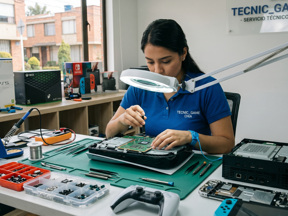 Banner del laboratorio técnico de TecnoXbox en Chía mostrando diagnóstico avanzado de microcomponentes.
