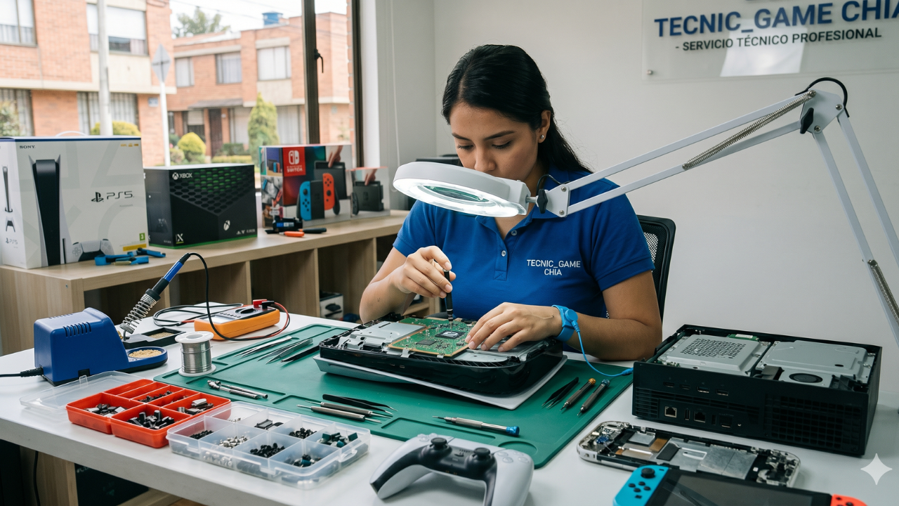 Banner del laboratorio técnico de TecnoXbox en Chía mostrando diagnóstico avanzado de microcomponentes.